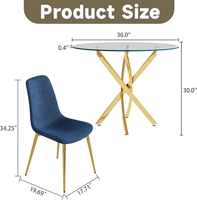 AF ARTISAN FURNITURE 36" Round Glass Dining Table Set for 4, 5-Piece Modern Kitchen Tables with 4 Blue Velvet Chairs, Modern Circle Leisure Table for Home Office Dining Room Small Spaces (Gold Leg)
