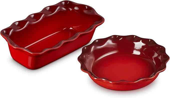 Le Creuset Stoneware Set of 2 9" Heritage Fluted Pie and 9" Fluted Loaf Dish, Cerise