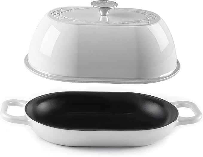 Enameled Cast Iron Dutch Oven for Professional Sourdough Bread Baking | 5.5 Quart Loaf Size Oval Cookware Pot with Lid | Triple-Layer Enamel Coating Pan with Non Stick Silicone Mat | White
