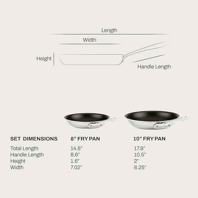 All-Clad Stainless Steel Pro Nonstick Frying Pan Set – 8 & 10 Inch Skillets, Induction Compatible, Oven & Broiler Safe to 500°F, Professional Cookware, Silver