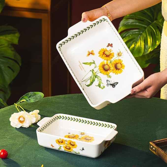 ONCCI In-Glaze Ceramic Baking Dish Set of 2 - Rectangular with Handles,Single Serving Size Casserole dishes 10.8*7.99in & 8.58*6.54inch Sizes - Oven Safe for Cooking, Baking, Casseroles - Dishwasher Safe(Sunflower)