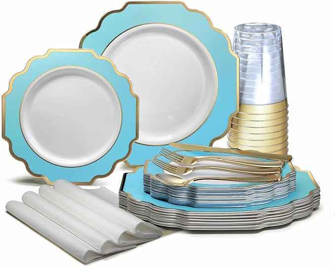 " OCCASIONS " 960 Piece set (120 Guests)-Heavyweight Wedding Party Disposable Plastic Plate Set -120 x 10.5'' + 120 x 8''+Silverware+Cups+Napkins (Imperial Aqua & Gold))