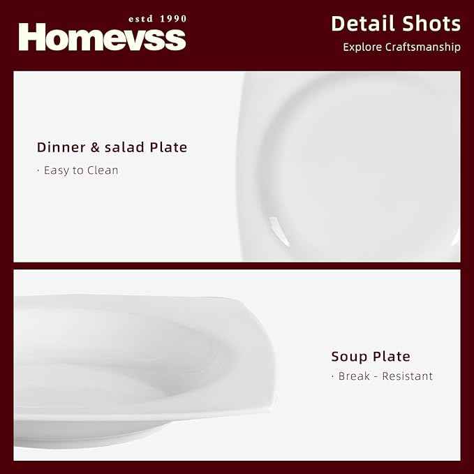 HomeVss, New Bone China Dinnerware SEt, Rim Square Shape, 40pc Set