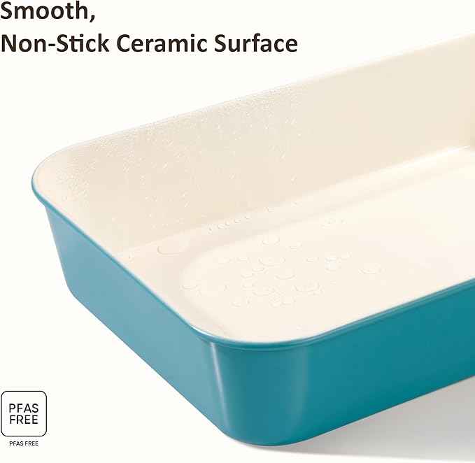CAROTE 7-Piece Nonstick Ceramic Baking Pans Set - Bakeware Sets Including Cookie Sheets for Baking, Muffin Pan, Bread Pan, Cake pan, Loaf Pan, Roasting Pan, and Cooling Rack, LIght Blue & White