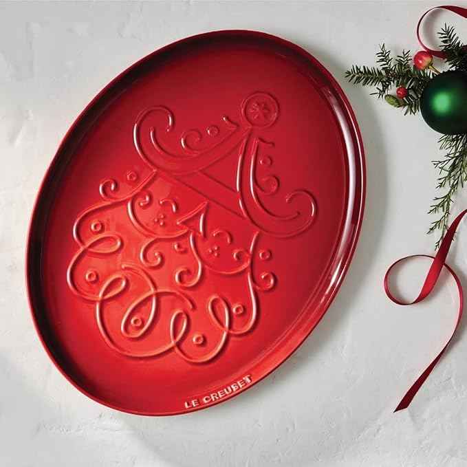 Le Creuset Stoneware Noel Collection: Oval Santa Cookie Platter, 14 oz., Cerise w/Embossed Design