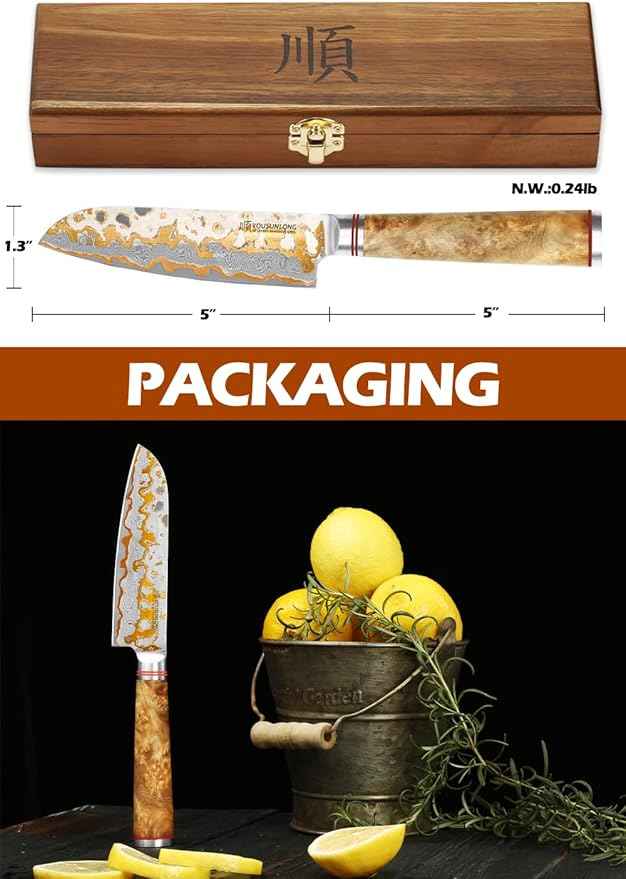 YOUSUNLONG Santoku Knife 5 Inch - Handmade Japanese Chef's Knife Copper Damascus Steel Blade - Ultra Sharp Asian Knife - Natural Walnut Wooden Handle with Acacia Wood Box