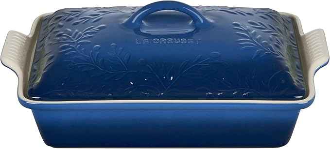 Le Creuset Olive Branch Collection Stoneware Heritage Covered Rectangular Casserole, 4 qt., Marseille with Embossed Lid