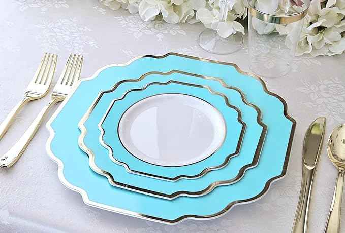 " OCCASIONS " 200 Piece set (25 Guests)-Wedding Plastic Plates & cutlery -Disposable heavyweight Dinnerware 10.5'', 8''+Silverware+10oz Cups+Napkins (Imperial Aqua & Silver)