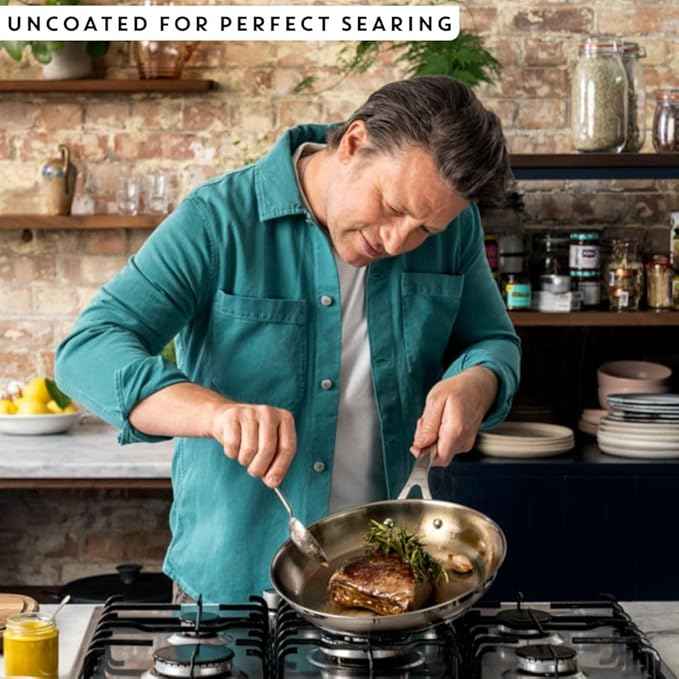 T-Fal x Jamie Oliver Stainless Steel Fry Pan 9.5-Inch, Induction Compatible, Oven Safe up to 500°F, Chef's Stainless Steel Skillet, Frying Pan, Silver