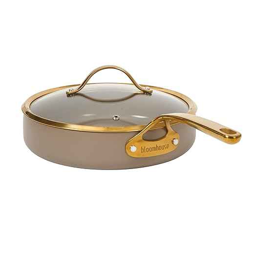 Bloomhouse - Two Time Oprah's Favorite Things Winner - 10 Inch Heavy Duty Aluminum Premium PFA Free Ceramic Nonstick Saute/Deep Frying Pan Skillet with Lid - Cappuccino Cream with Gold Handle