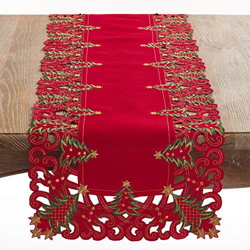 Pandoro Collection Holiday Embroidered Christmas Tree Cutwork Border 16 x 54 Inch Table Runner (Red / 16"x54" Table Runner)