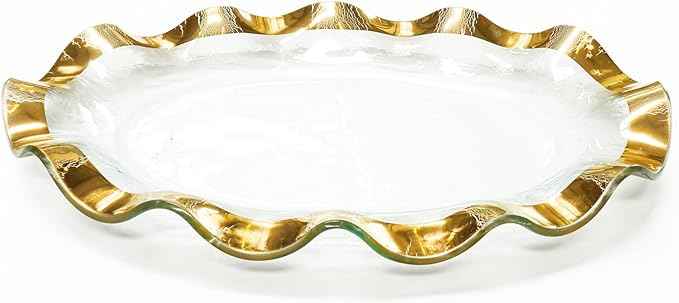 Annieglass Ruffle 14.5 x 9.5 Inch Oval Platter with 24k Gold, Timeless Glass Tableware for all Occasions, Made in the USA