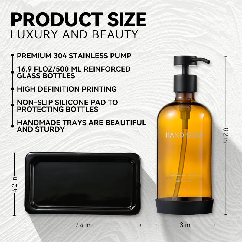 Glass Kitchen Soap Dispenser Set with Ceramic Tray (Amber Bottles + Black Pumps)