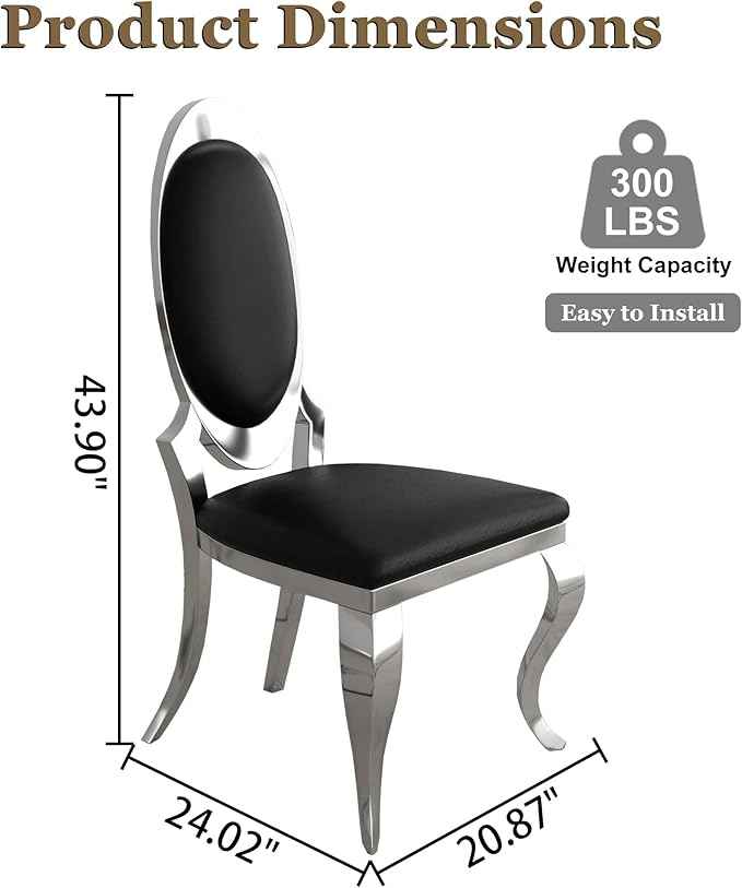 Modern Dining Chairs Set of 6, Luxury Faux Leather Upholstered Armless Dining Room Chair with Mirrored Stainless Steel Silver Legs, Mid Century Accent for Wedding Party Banquet Reception, Black