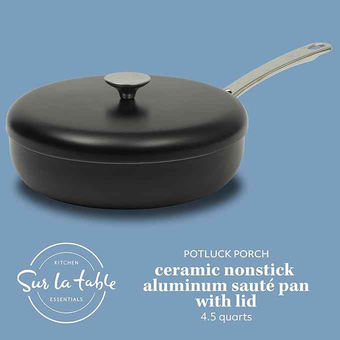 Sur La Table Kitchen Essentials Potluck Porch 4.5 Quart Sauté Pan, Deep Frying Pan Skillet w/Lid Aluminum PFA Free Ceramic Cookware Chef's Pan, Omelet Pan - Induction - Black