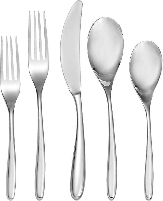 nambe Bend 45 Piece Flatware Set, 18/10 Mirror Stainless Steel Silverware Cutlery Set, Designed for Home Kitchens, Hotel, or Restaurants, Service for 5 and a 3pc Serving Utensil Set, Dishwasher Safe