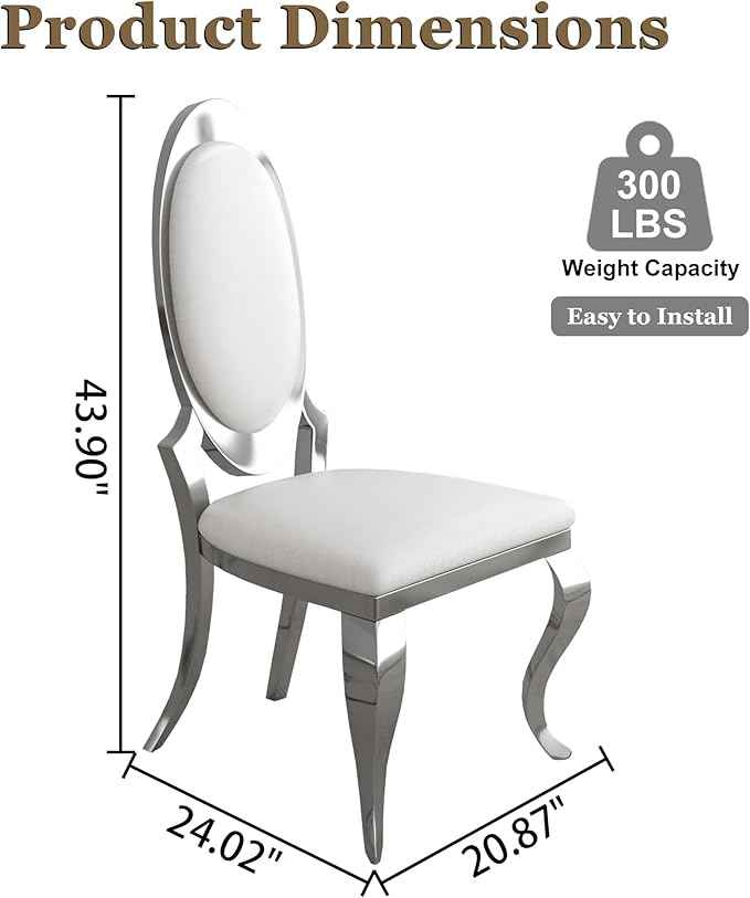 Modern Dining Chairs Set of 4, Luxury Faux Leather Upholstered Armless Dining Room Chair with Mirrored Stainless Steel Silver Legs, Mid Century Accent for Wedding Party Banquet Reception, White