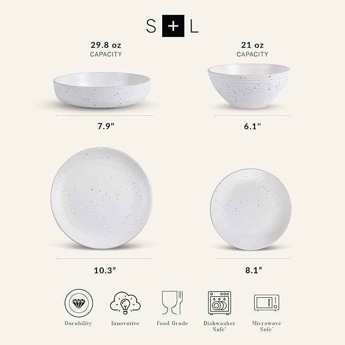 Stone Lain Lauren Stoneware, Rustic Plates and Bowls Set, Dinnerware, Service for 4, Speckled Off White, Dishwasher & Microwave Safe, 16-Piece