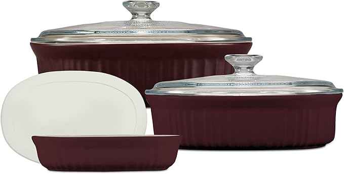 CorningWare Ceramic Bakeware Set with Lids, Chip and Crack Resistant Stoneware Baking Dish, Microwave, Dishwasher, Oven, Freezer and Fridge Safe, 6-Piece French Cabernet