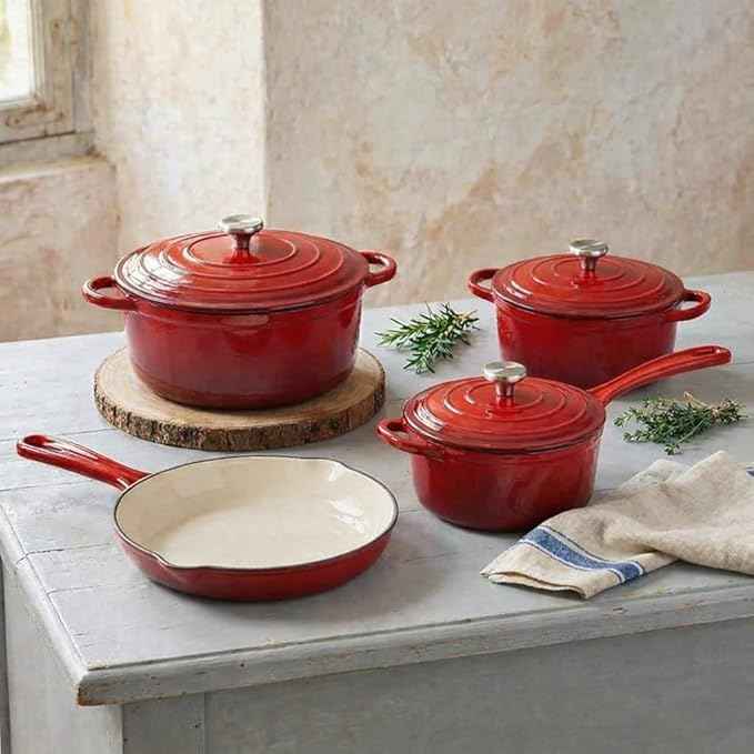 QuliMetal Nonstick Enameled Cast Iron Cookware Set, 7-Pcs Pots and Pans with Lids, Frying Pan Skillet, Sauce Pan, Healthy Round Dutch Oven Pot for Sourdough Bread Baking on All Stovetops, Rouge Red