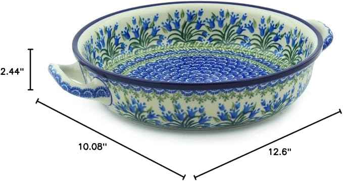 Polmedia Polish Pottery Round Baker with Handles 10-inch - Feathery Bluebells Pattern Handmade in Boleslawiec Poland by Ceramika Artystyczna + Certificate of Authenticity