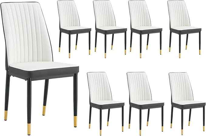 Modern Dining Chairs Set - Off-White PU Leather Armless Chairs with Metal Legs for Dinner Room, Office, Waiting Room (Set of 8)