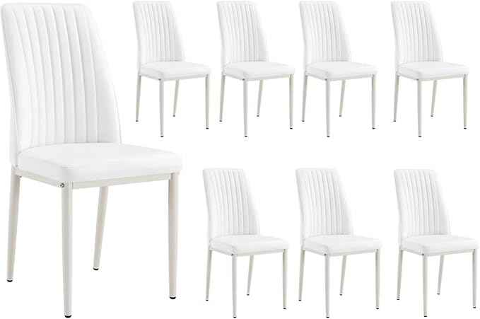 Modern Dining Chairs Set - 8 Armless PU Leather Chairs with Metal Legs for Dinner Room, Office, Waiting Room (Set of 8, All-White)