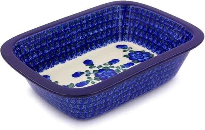 Polmedia Polish Pottery Rectangular Baker - Blue Poppies Pattern Handmade in Boleslawiec Poland by Ceramika Artystyczna + Certificate of Authenticity