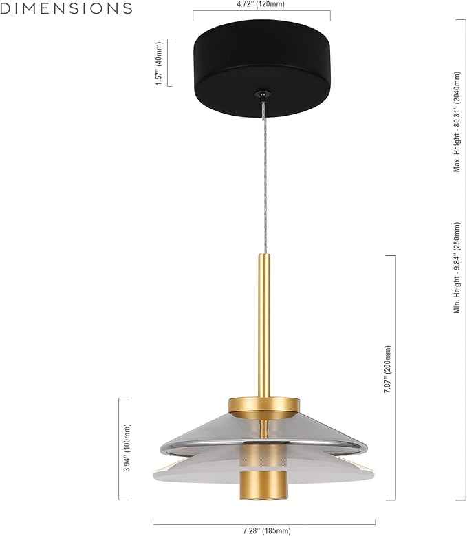VONN Lighting Verona VAP2311BL 7" 1-Light Integrated LED ETL Certified Black Height Adjustable Pendant Lighting with Glass Shade