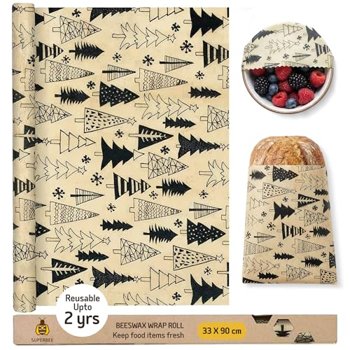 SuperBee Beeswax Wrap Roll XL 35x13" Reusable Food Wrap Holiday Print