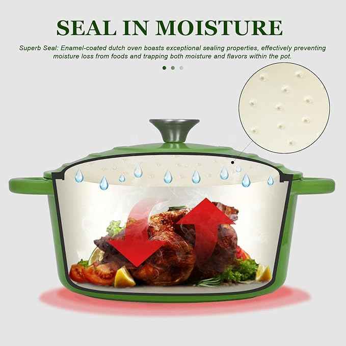 Overmont Enameled Cast Iron Dutch Oven - 5.5QT Pot with Lid Cookbook & Cotton Potholders - Heavy-Duty Cookware for Braising, Stews, Roasting, Bread Baking Green
