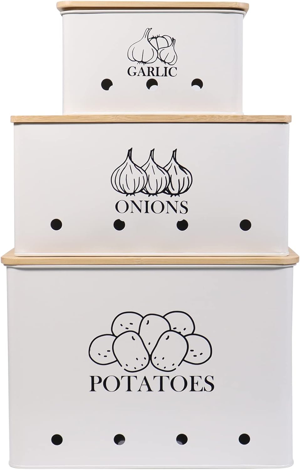 Canister Sets for Kitchen Counter, Kitchen Canisters Set of 3 for Potato Onion Garlic, Kitchen Storage Bin Jars Pots with Aerating Tin Storage Holes & Wooden Lid (White)