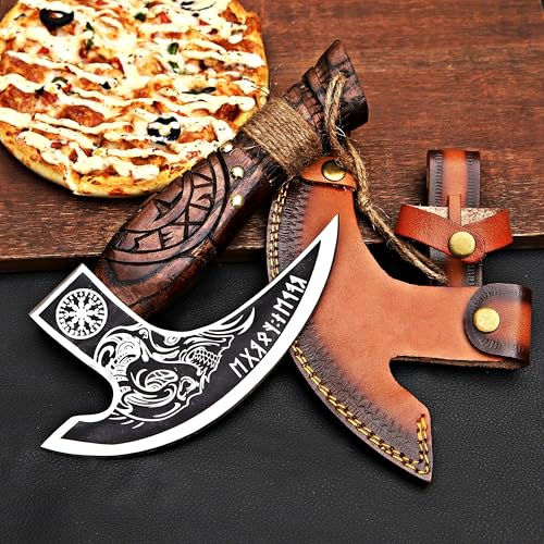 Pizza Cutter Axe Rocker Carbon Steel Slicer Chef Pizza Cutter Viking Axe with Leather Cover (Royal Skull)