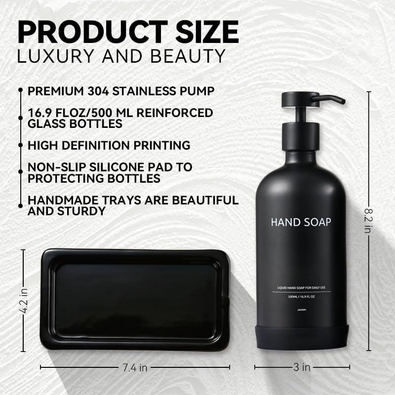 Glass Kitchen Soap Dispenser Set with Ceramic Tray (Black Bottles +Black Pumps)