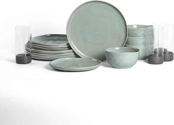 Stone Lain Mirella 16-Piece Dinnerware Set Stoneware, Borosilicate Glass, Light Green