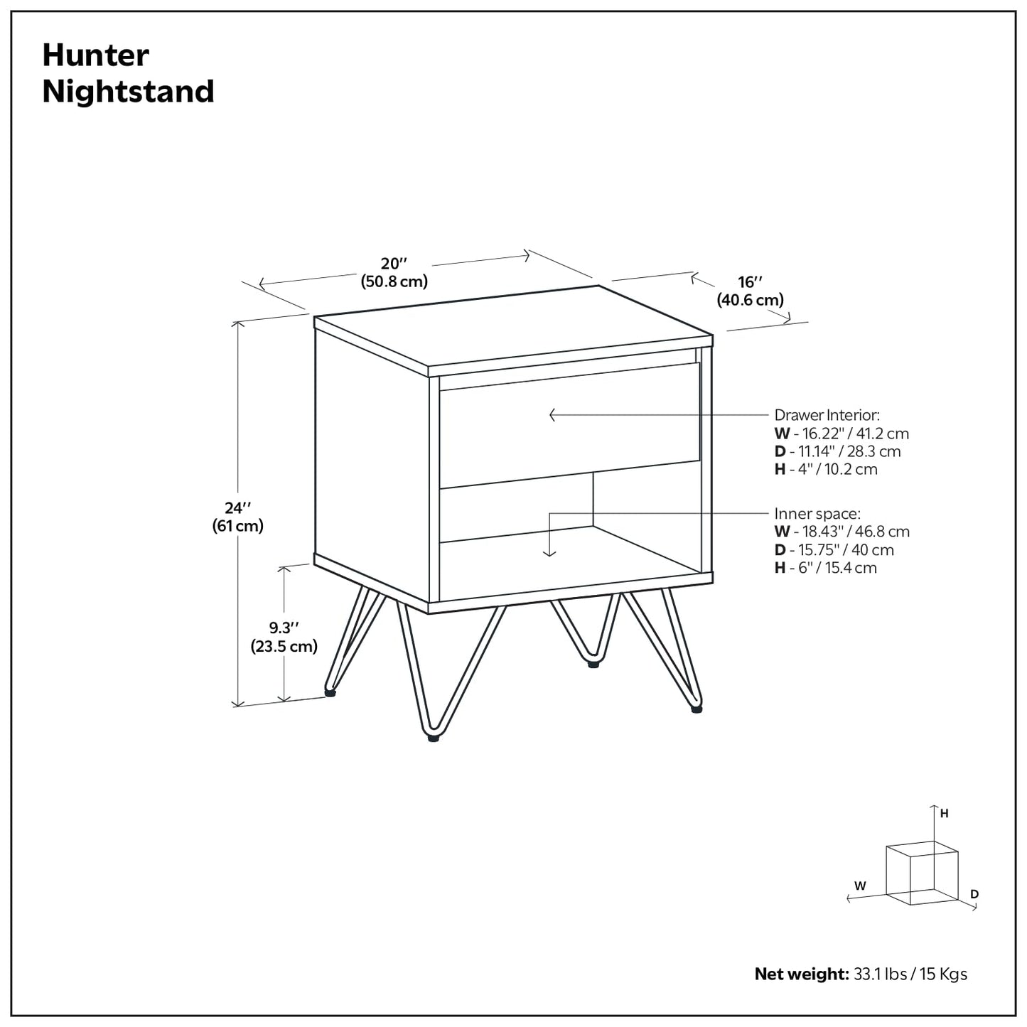 Hunter 20" Wide Bedside Table in Oak Veneer (Oak Veneer / 20 inch)