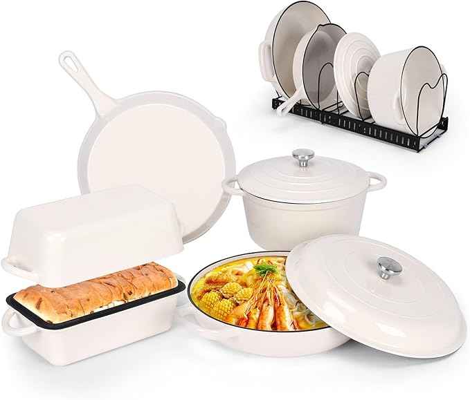 QuliMetal Enameled Cast Iron Cookware Set, 5-Piece – 2.3QT Dutch Oven, 4.7QT Braiser, 10" Skillet, 9x5" Oval Bread Pan & Rack – Versatile Oven-Safe Enamel Cast Iron Pots and Pans for Home Cooking
