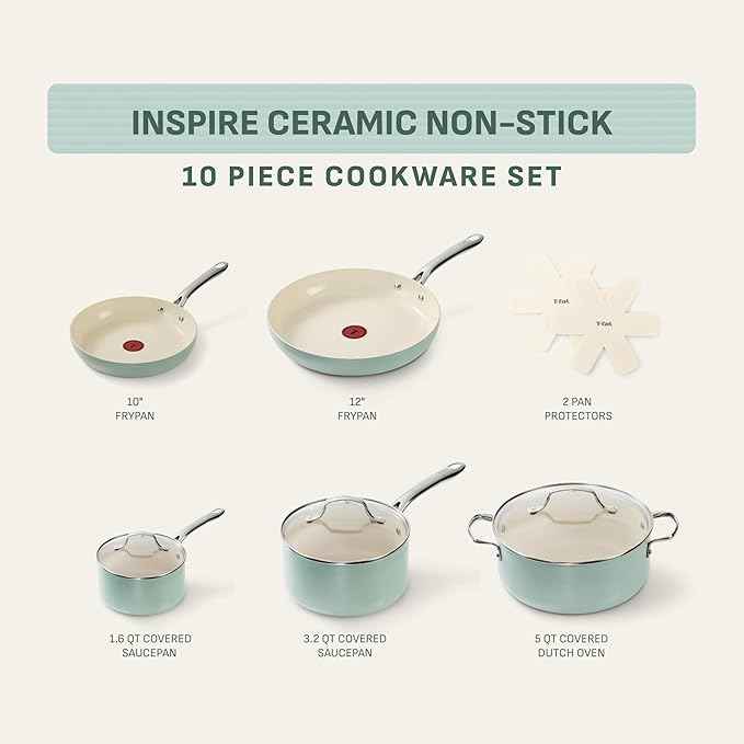 T-Fal Inspire Nonstick Ceramic Cookware Set, 10-Piece, Oven Safe to 500°F, Stockpot, Ceramic Pots and Pans Set, Frying Pans, Saucepans, Stockpot, Protectors, Mint Green