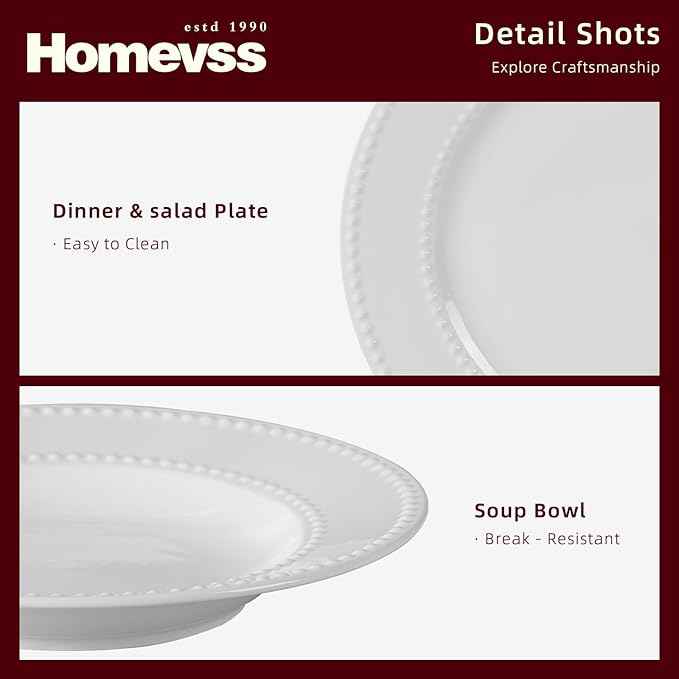HomeVss, New Bone China Dinnerware Set, Embossed Pearl Design, 40pc Dinnerware Set