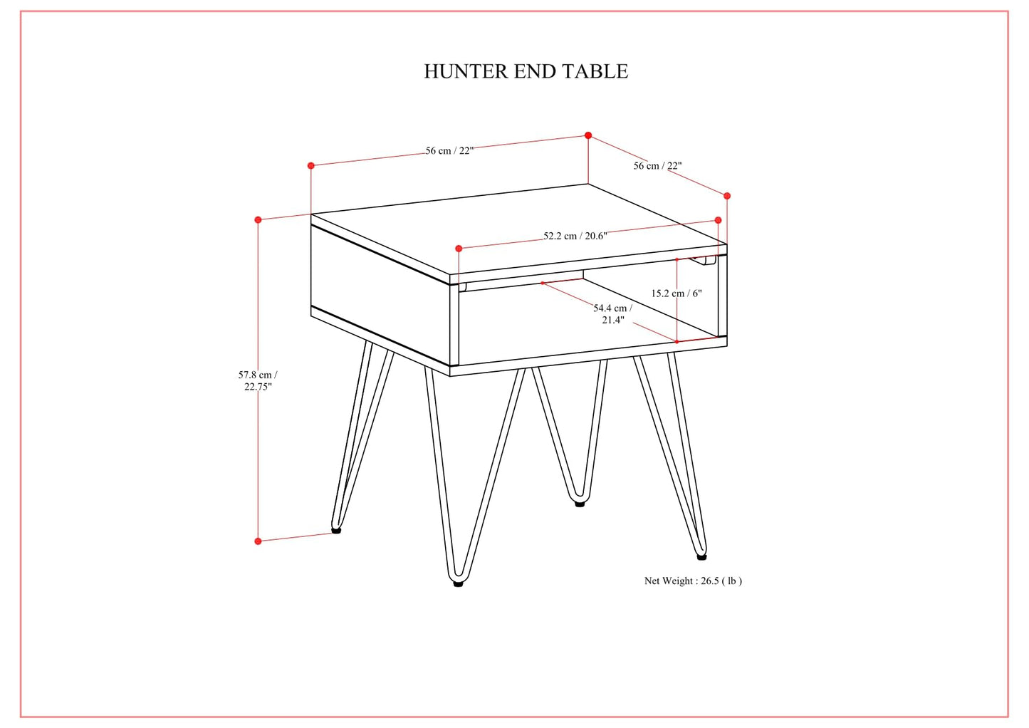 Hunter 22" Wide Metal Rectangular End Table in Walnut (End Table / 22 inch / Walnut Veneer)