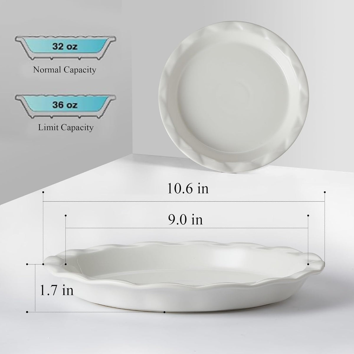 Lareina Ceramic Pie Pans for Baking, 9 Inches Pie Plate for Apple Pie, 36 Ounce Round Baking Dish, Set of 2, Thanksgiving day Gifts for Women, White - HomeSpice