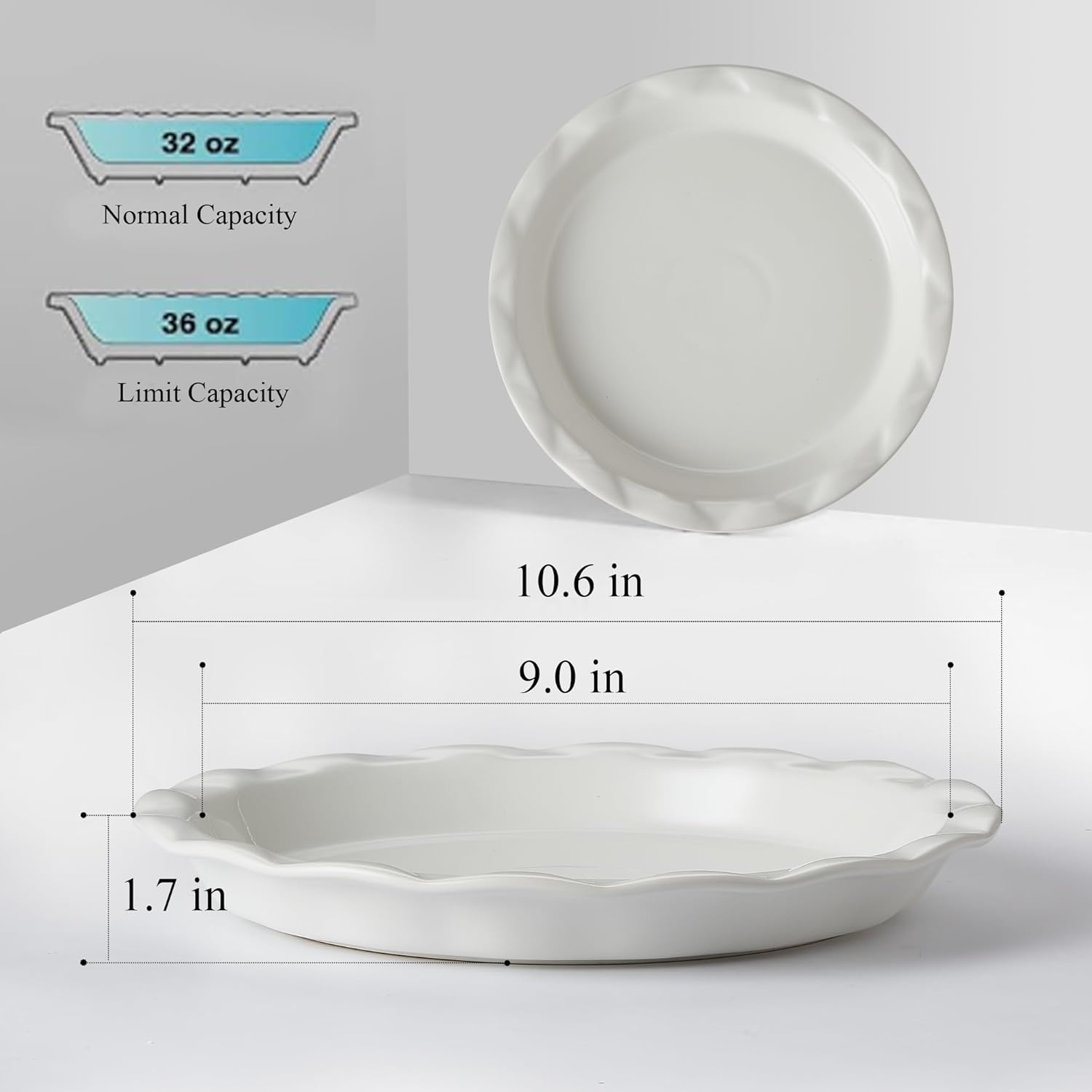 Lareina Ceramic Pie Pans for Baking, 9 Inches Pie Plate for Apple Pie, 36 Ounce Round Baking Dish, Set of 2, Thanksgiving day Gifts for Women, White - HomeSpice