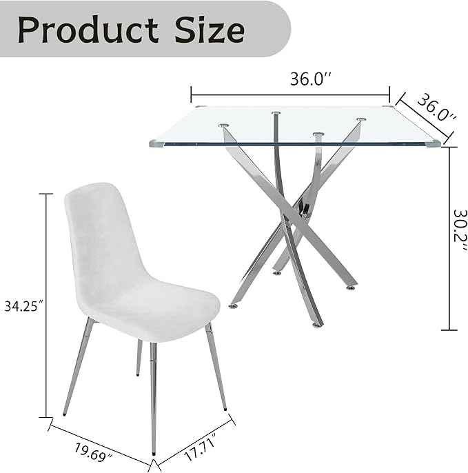 36" Square Glass Dining Table Set for 4, 5-Piece Modern Kitchen Table with 4 White Velvet Chairs, Modern Circle Leisure Table for Home Office Dining Room Small Spaces (Silver Leg)