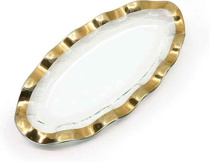 Annieglass Ruffle 13 x 6 Inch Mini Oval Tray with 24k Gold, Timeless Glass Tableware for all Occasions, Made in the USA