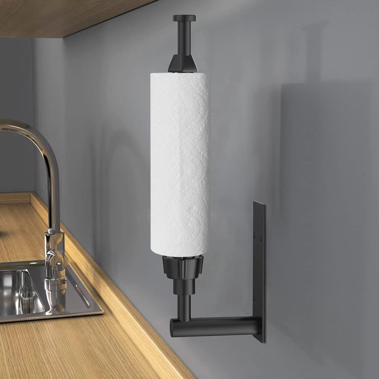 VAEHOLD Self Adhesive Paper Towel Holder Under Cabinet Mount, Wall Mounted Paper Towel Roll Holder with Damping Effect for Kitchen, Bathroom, Wall - SUS304 Stainless Steel (Matte Black)