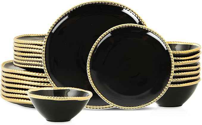 Christian Siriano Akoya Porcelain Dinnerware Set, 24-Piece - Dish Set for 8, Plates and Bowls Set, Black and Gold