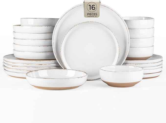 AmorArc Ceramic Dinnerware Sets with Pasta Bowls for 4, Handpainted Plates and Bowls Set with Rustic Terracotta Underside, Scratch Resistant Dishes Set, Dishwasher & Microwave Safe, 16 Pcs-White