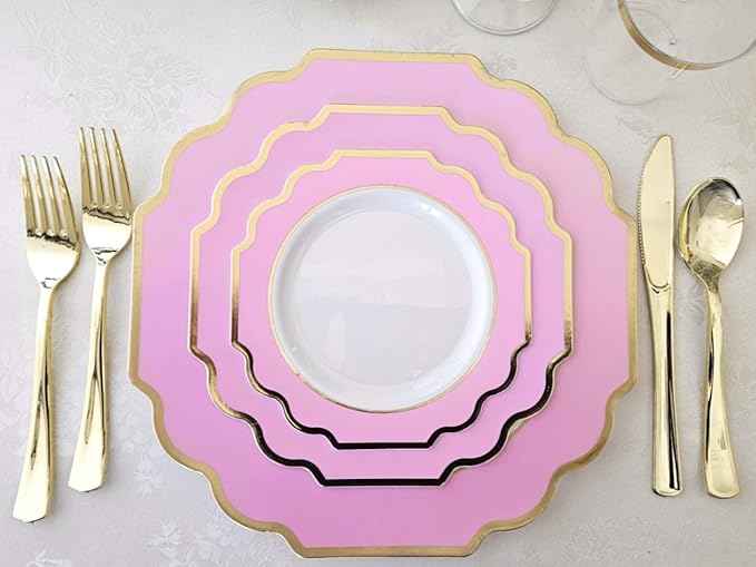 " OCCASIONS " 640 Piece set (80 Guests)-Heavyweight Wedding Party Disposable Plastic Plate Set - 80 x 10.5'' + 80 x 8'' + Silverware + Cups + Napkins (Imperial in Rose Pink & Gold)