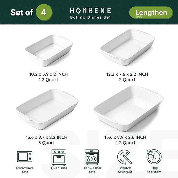 HOMBENE Baking Dish Set for 4, Ceramic Bakeware Sets with Handles, Casserole Dishes for Oven, Kitchen Decor, Microwave Oven Safe (1.2QT/2QT/3QT/4.2QT)
