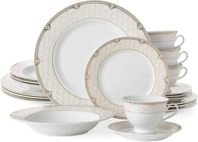 Euro Porcelain 20-pc Luxury Dinnerware Set w/ 24K Gold Ornament, HQ Dining Tableware Service for 4 (Sandra)